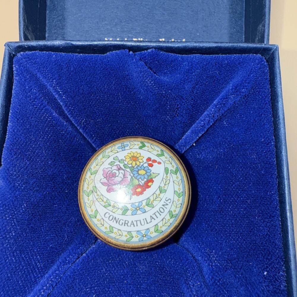 Halcyon Days Enamels Miniature Round Box With Flowers Congratulations With Box